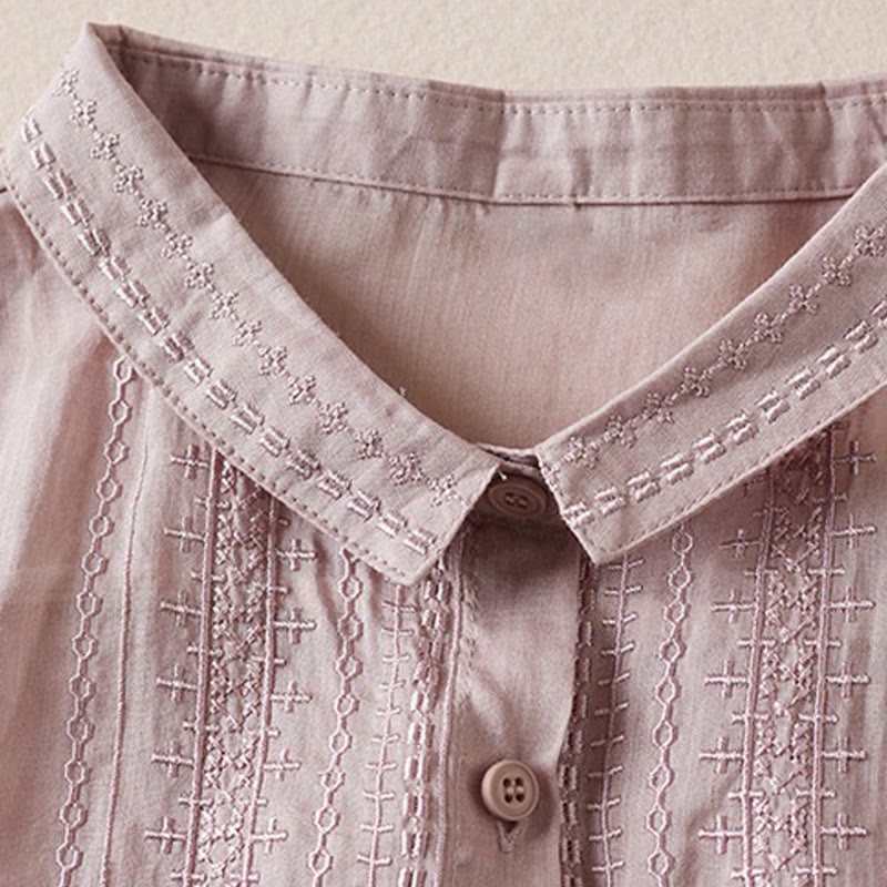 Summer Vintage Casual Pure Color Embroiderd Button Design Women's Cotton Linen Half Sleeve Shirt