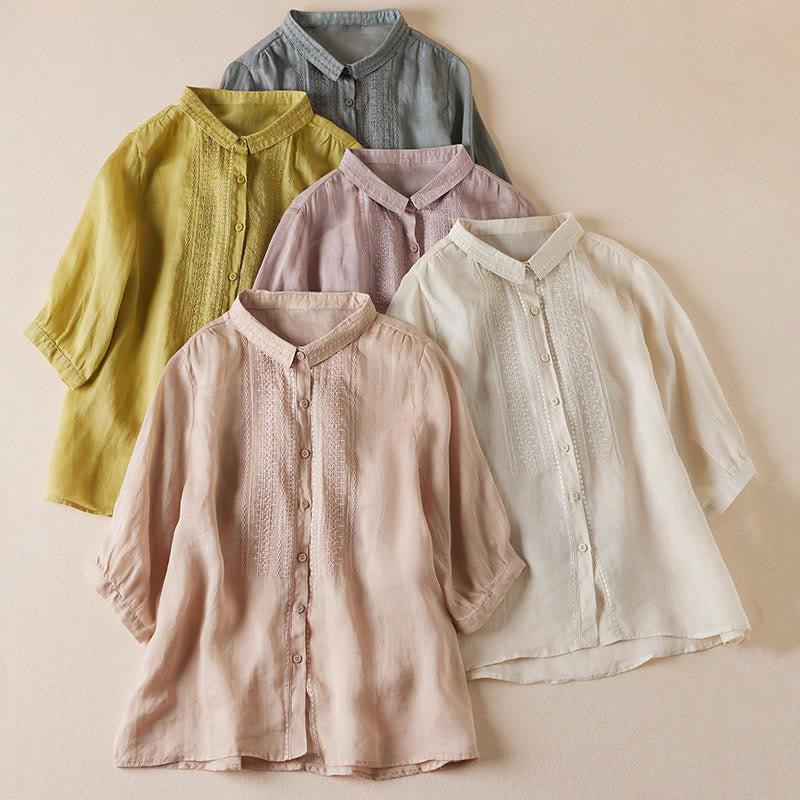 Summer Vintage Casual Pure Color Embroiderd Button Design Women's Cotton Linen Half Sleeve Shirt