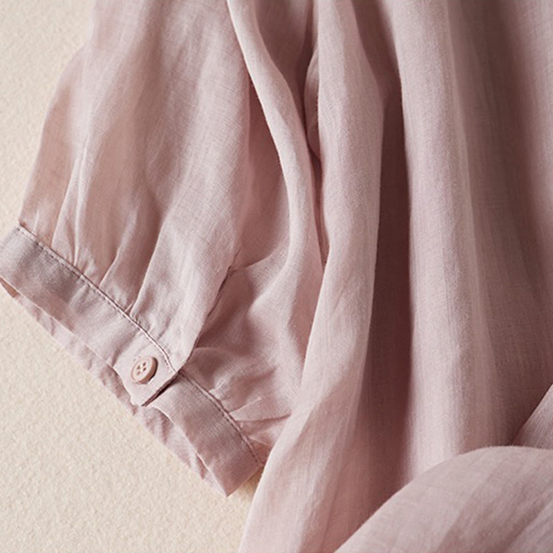 Summer Vintage Casual Pure Color Embroiderd Button Design Women's Cotton Linen Half Sleeve Shirt