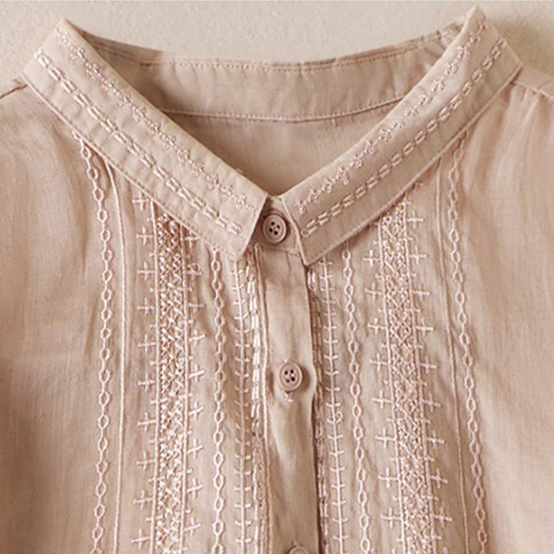 Summer Vintage Casual Pure Color Embroiderd Button Design Women's Cotton Linen Half Sleeve Shirt