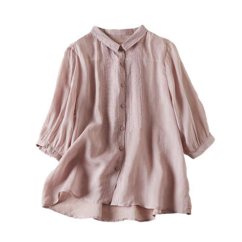 Summer Vintage Casual Pure Color Embroiderd Button Design Women's Cotton Linen Half Sleeve Shirt