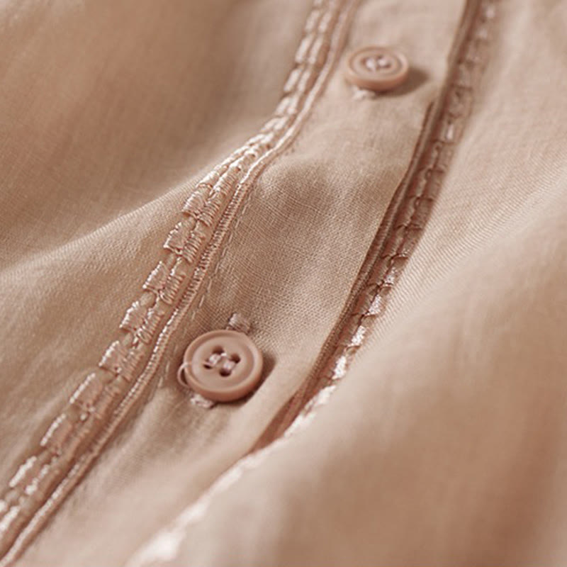 Summer Vintage Casual Pure Color Embroiderd Button Design Women's Cotton Linen Half Sleeve Shirt