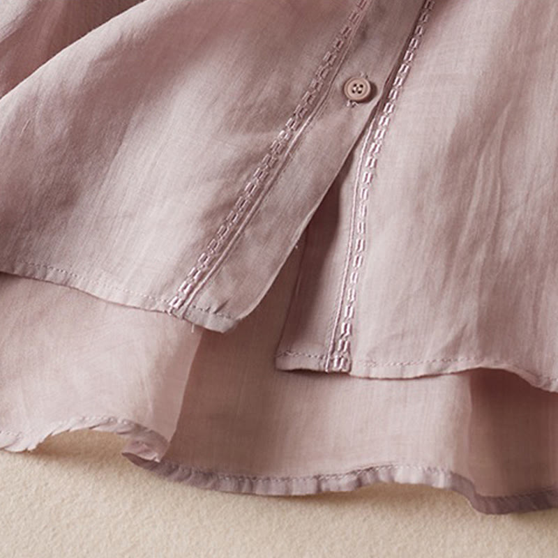 Summer Vintage Casual Pure Color Embroiderd Button Design Women's Cotton Linen Half Sleeve Shirt