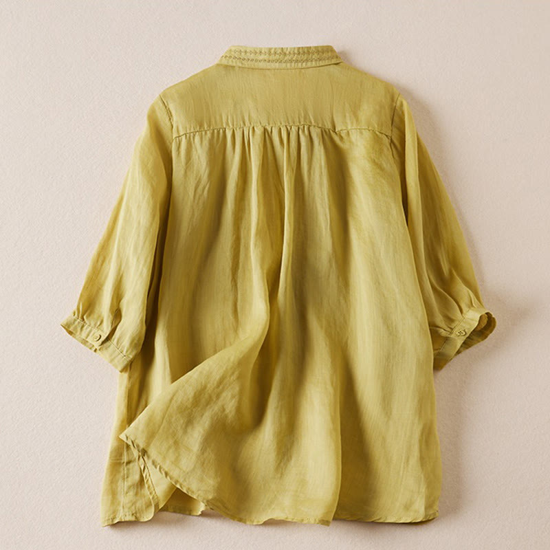 Summer Vintage Casual Pure Color Embroiderd Button Design Women's Cotton Linen Half Sleeve Shirt