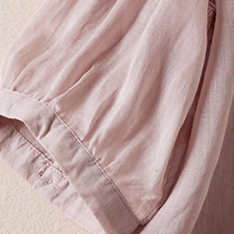 Summer Vintage Casual Pure Color Embroiderd Button Design Women's Cotton Linen Half Sleeve Shirt