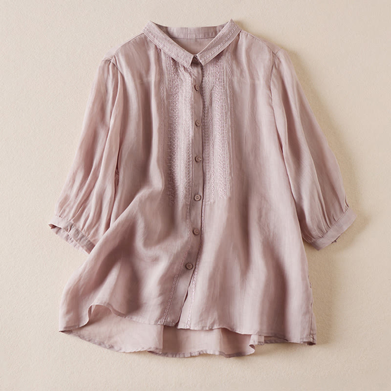 Summer Vintage Casual Pure Color Embroiderd Button Design Women's Cotton Linen Half Sleeve Shirt
