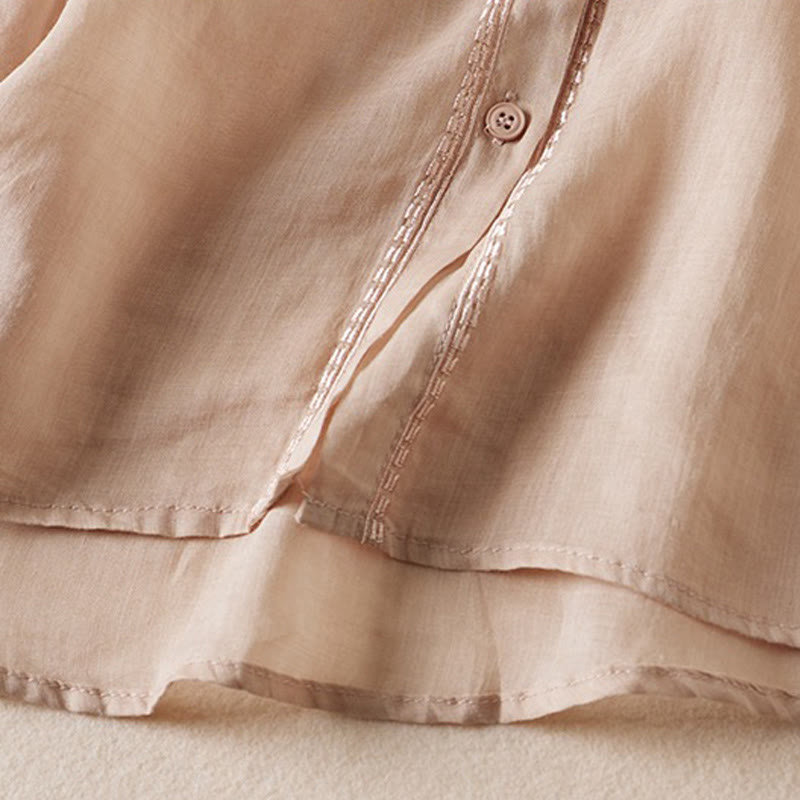 Summer Vintage Casual Pure Color Embroiderd Button Design Women's Cotton Linen Half Sleeve Shirt