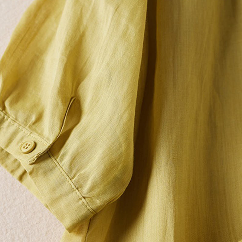 Summer Vintage Casual Pure Color Embroiderd Button Design Women's Cotton Linen Half Sleeve Shirt