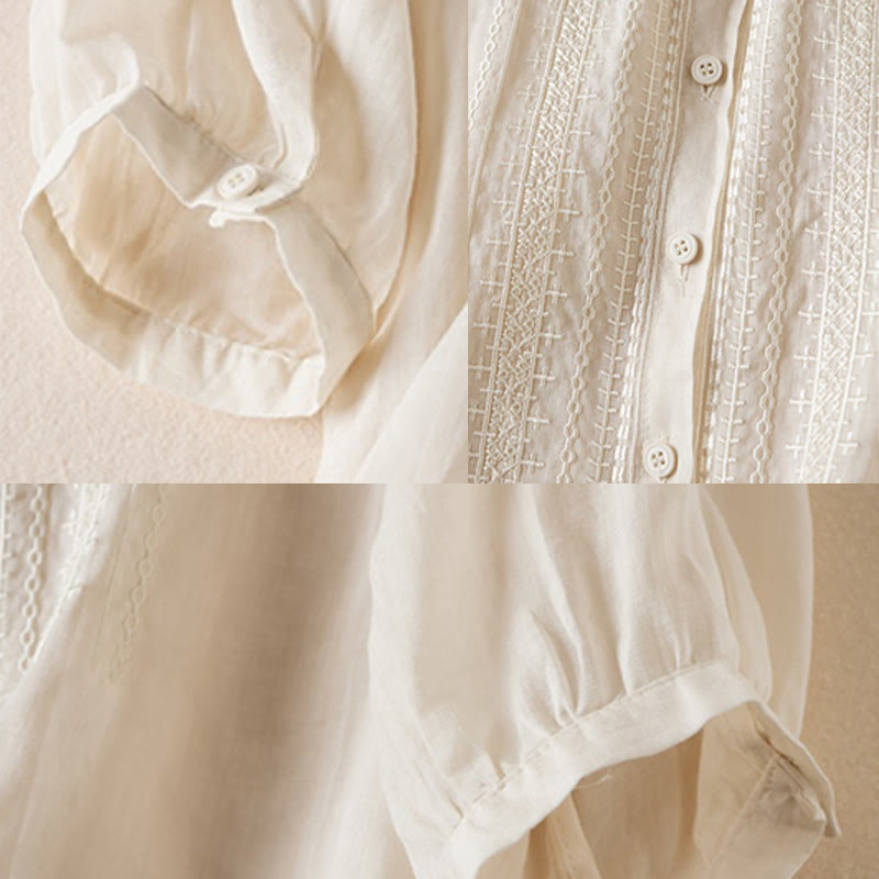 Summer Vintage Casual Pure Color Embroiderd Button Design Women's Cotton Linen Half Sleeve Shirt