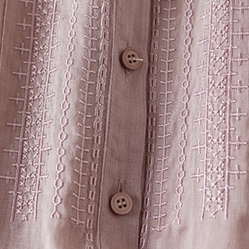 Summer Vintage Casual Pure Color Embroiderd Button Design Women's Cotton Linen Half Sleeve Shirt