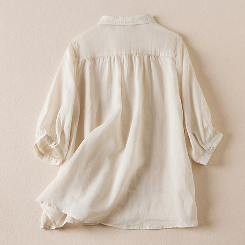 Summer Vintage Casual Pure Color Embroiderd Button Design Women's Cotton Linen Half Sleeve Shirt