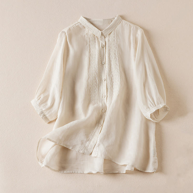 Summer Vintage Casual Pure Color Embroiderd Button Design Women's Cotton Linen Half Sleeve Shirt