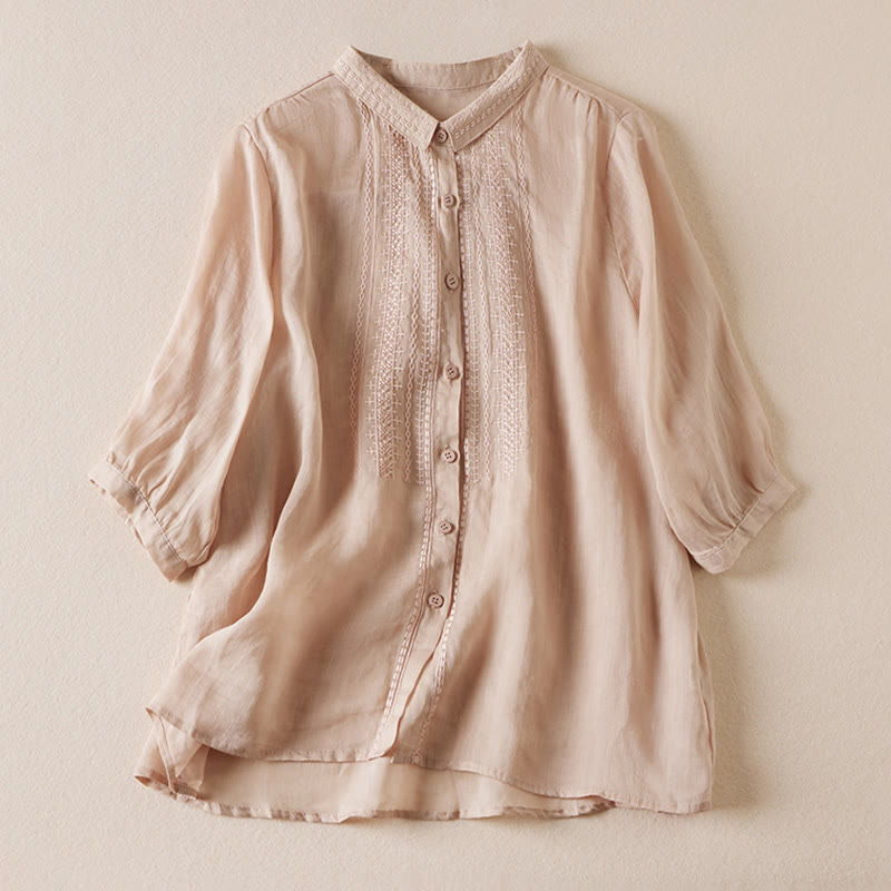 Summer Vintage Casual Pure Color Embroiderd Button Design Women's Cotton Linen Half Sleeve Shirt