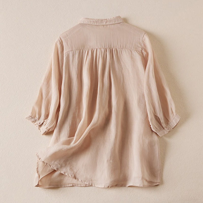 Summer Vintage Casual Pure Color Embroiderd Button Design Women's Cotton Linen Half Sleeve Shirt