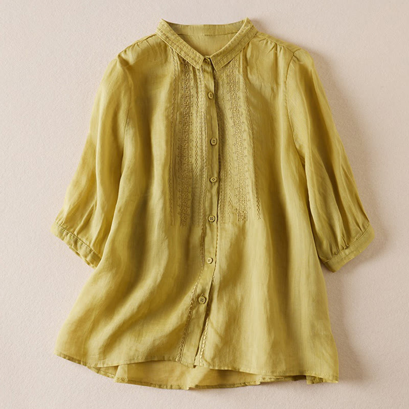 Summer Vintage Casual Pure Color Embroiderd Button Design Women's Cotton Linen Half Sleeve Shirt