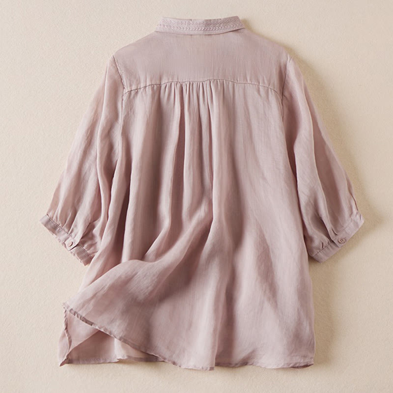 Summer Vintage Casual Pure Color Embroiderd Button Design Women's Cotton Linen Half Sleeve Shirt
