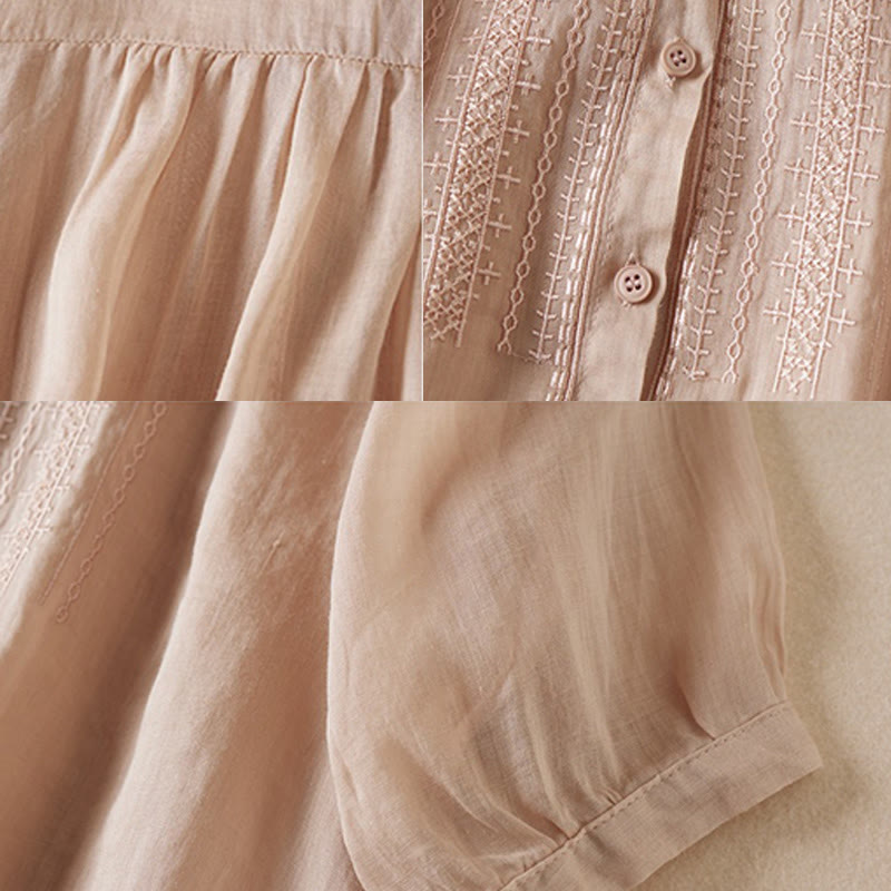 Summer Vintage Casual Pure Color Embroiderd Button Design Women's Cotton Linen Half Sleeve Shirt