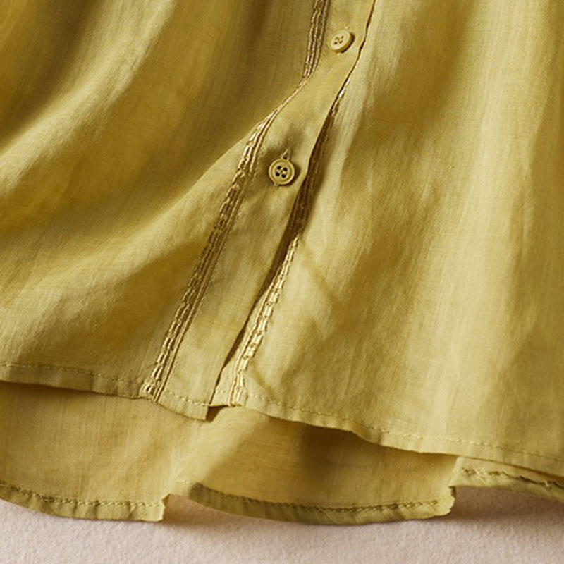Summer Vintage Casual Pure Color Embroiderd Button Design Women's Cotton Linen Half Sleeve Shirt