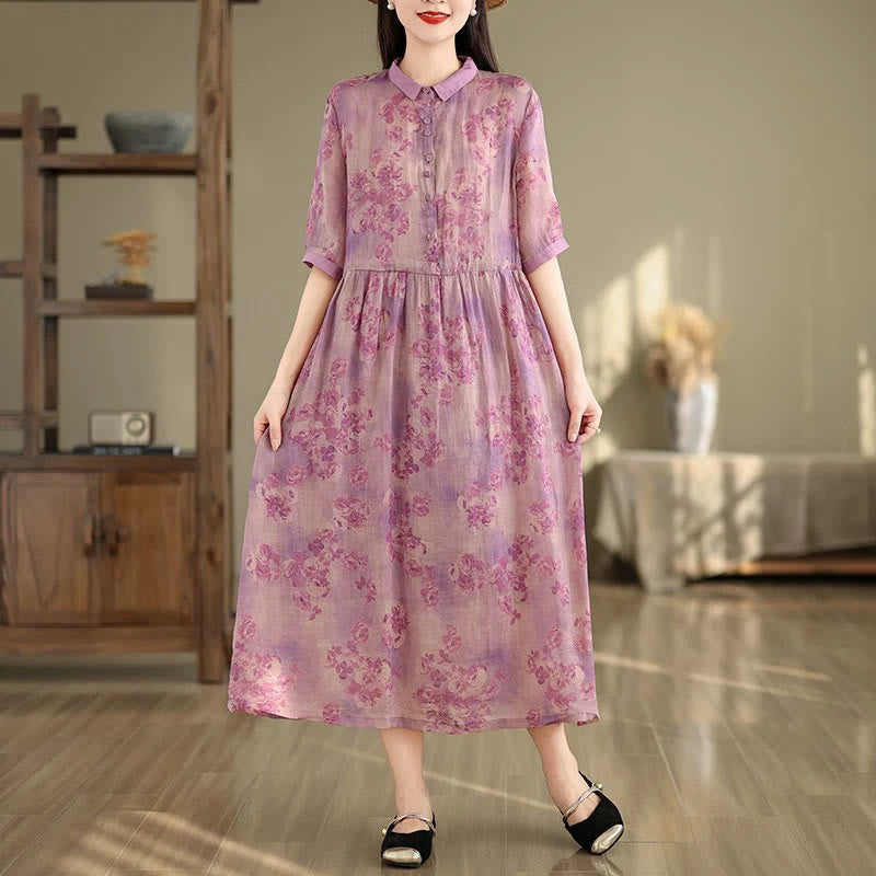 Botanical Print Cotton Blend Mindful Midi Dress with Pockets