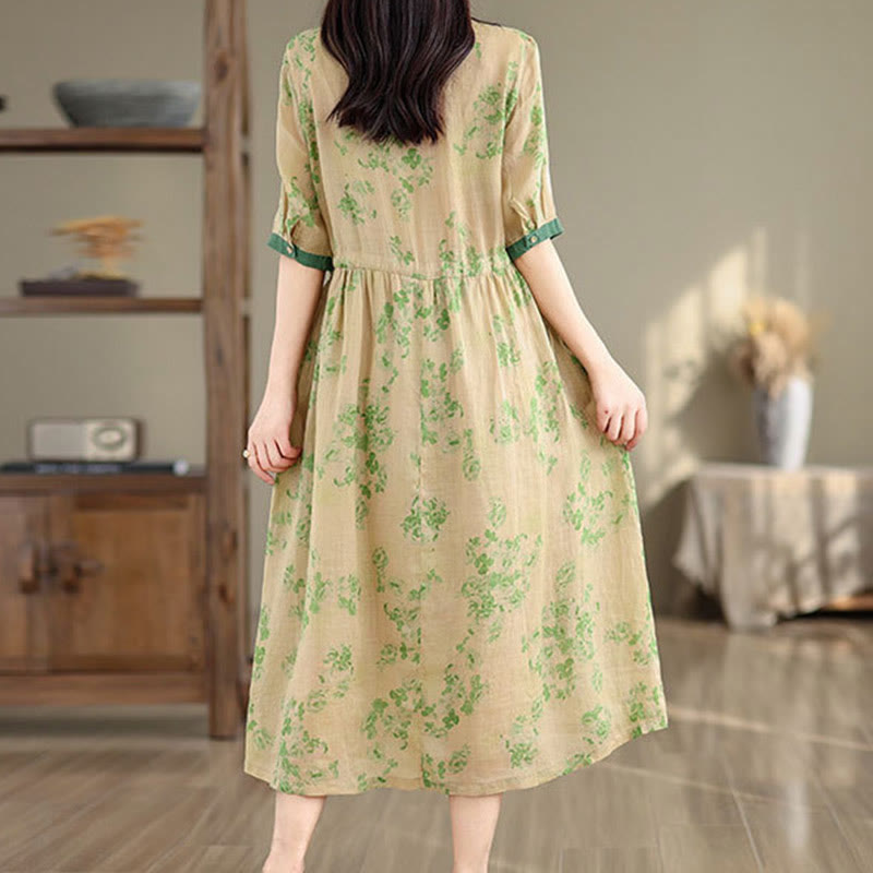 Botanical Print Cotton Blend Mindful Midi Dress with Pockets