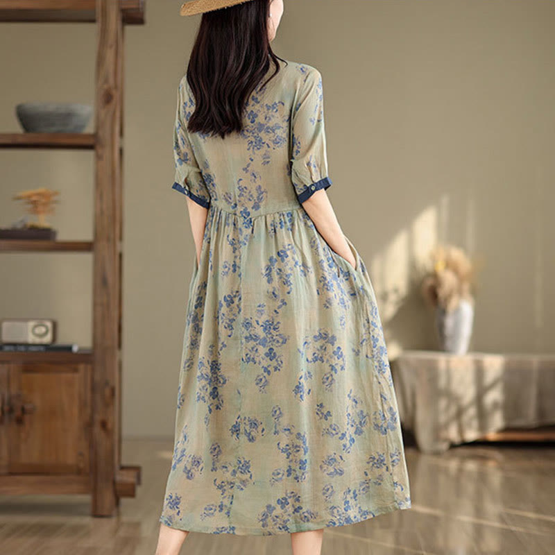 Botanical Print Cotton Blend Mindful Midi Dress with Pockets