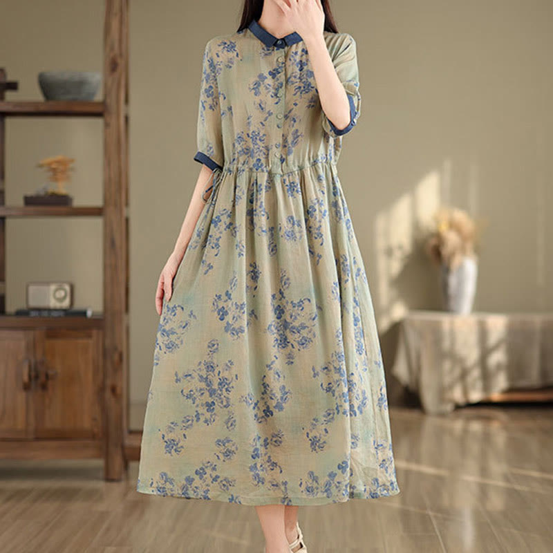Botanical Print Cotton Blend Mindful Midi Dress with Pockets