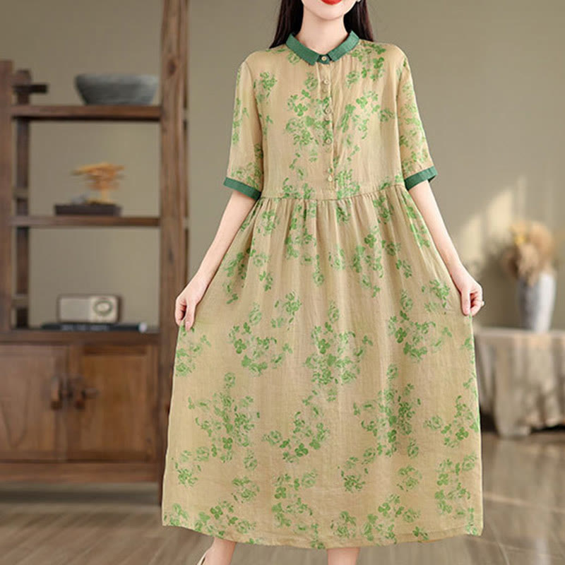 Botanical Print Cotton Blend Mindful Midi Dress with Pockets