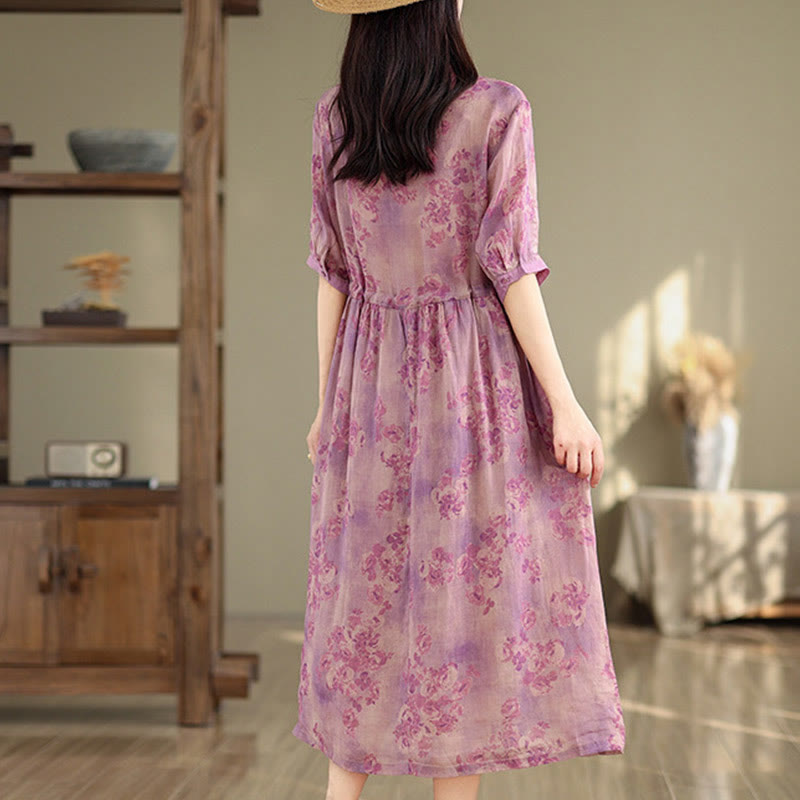 Botanical Print Cotton Blend Mindful Midi Dress with Pockets