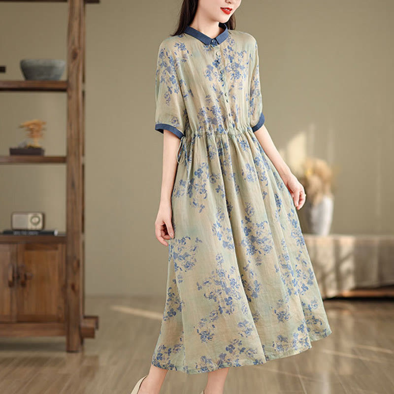 Botanical Print Cotton Blend Mindful Midi Dress with Pockets