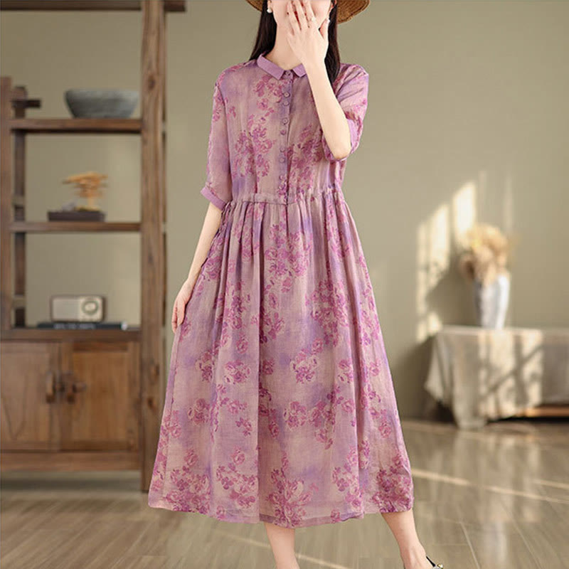 Botanical Print Cotton Blend Mindful Midi Dress with Pockets