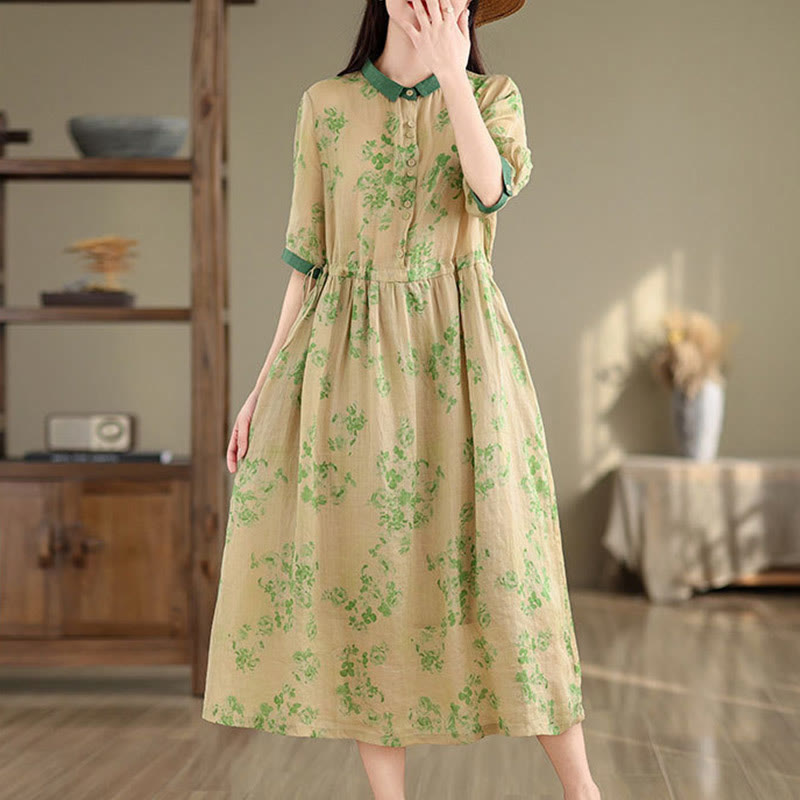 Botanical Print Cotton Blend Mindful Midi Dress with Pockets