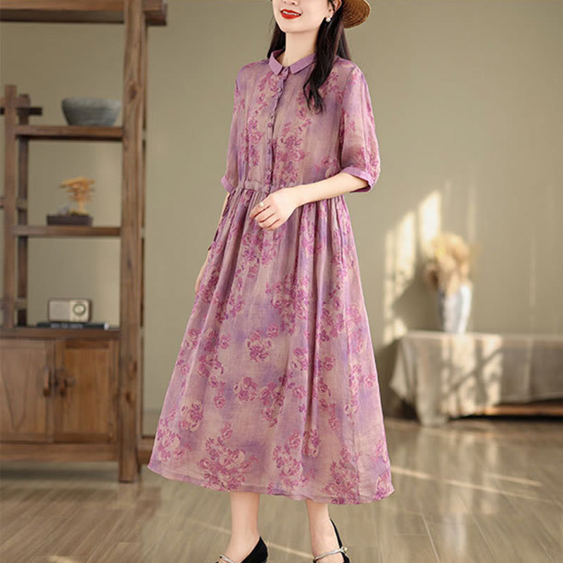 Botanical Print Cotton Blend Mindful Midi Dress with Pockets