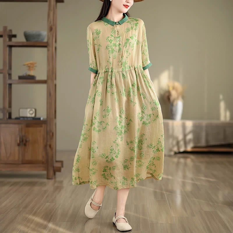 Botanical Print Cotton Blend Mindful Midi Dress with Pockets