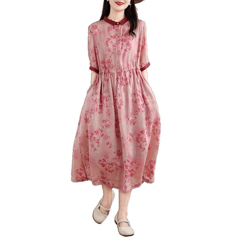 Botanical Print Cotton Blend Mindful Midi Dress with Pockets