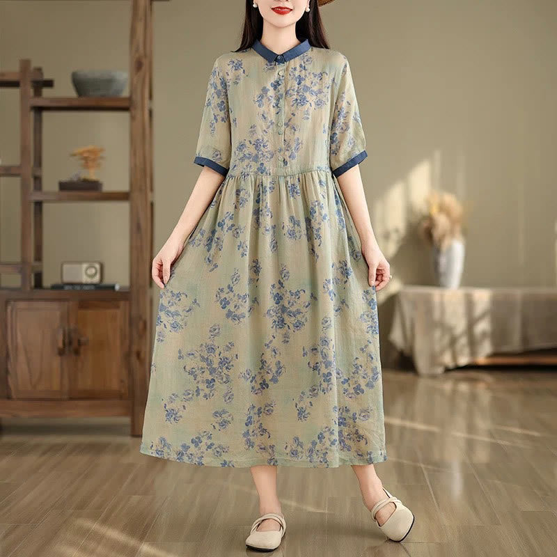 Botanical Print Cotton Blend Mindful Midi Dress with Pockets
