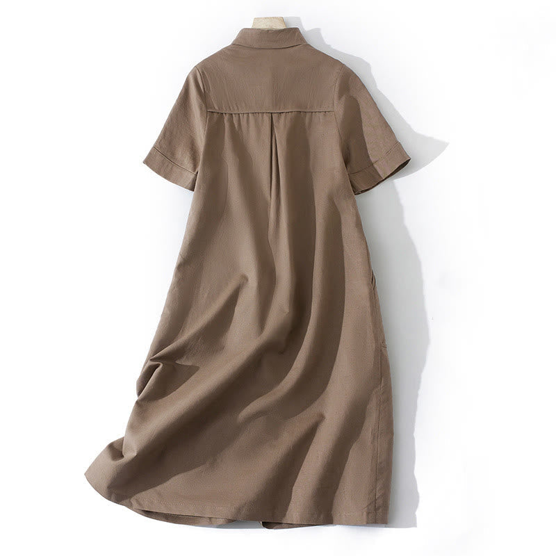 Tactile Cotton Button-Down Mindful Movement Midi Dress with Pockets