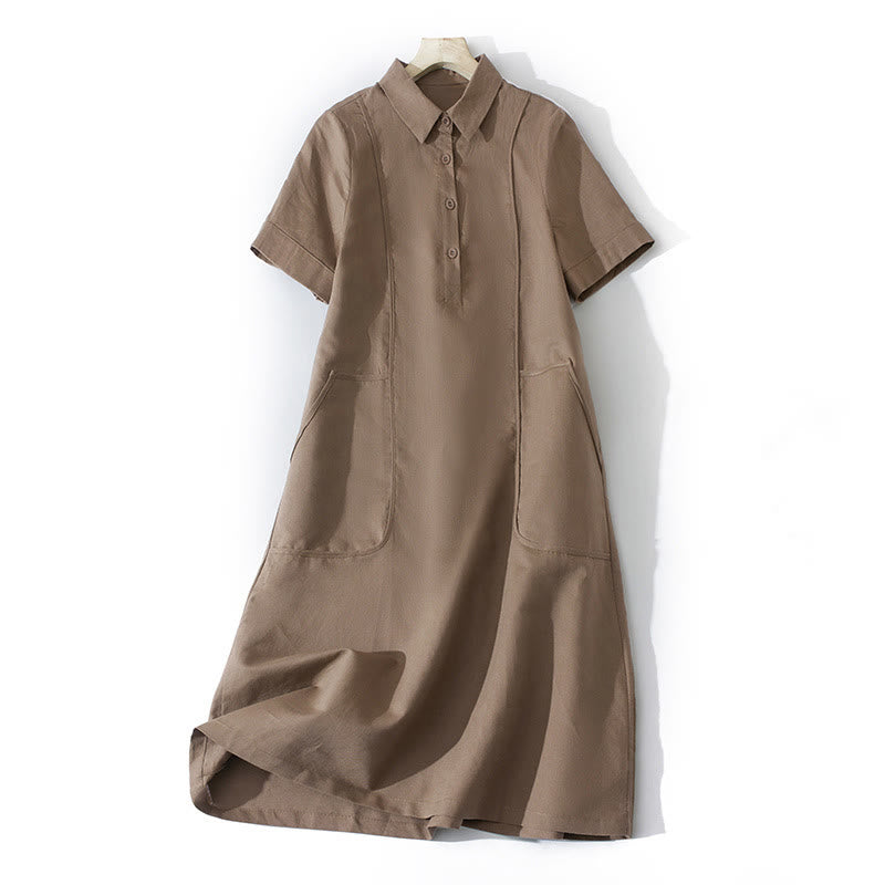 Tactile Cotton Button-Down Mindful Movement Midi Dress with Pockets