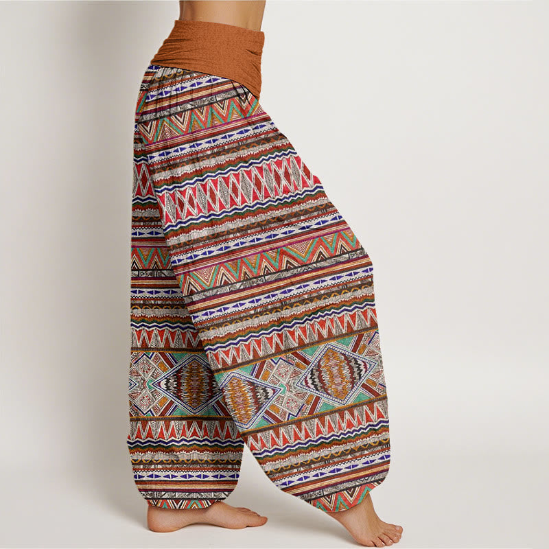 Earthy Cotton Geometric Pleated-Waist Meditation Harem Pants
