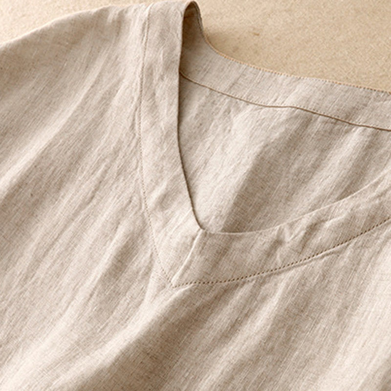Tactile Cotton Linen High-Waist Mindful Movement V-Neck Midi Dress