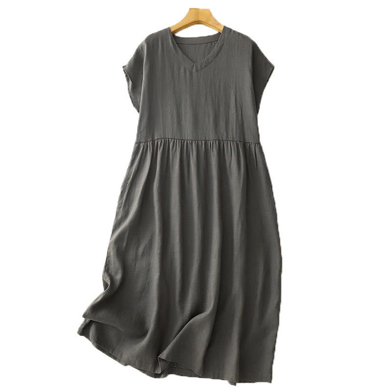Tactile Cotton Linen High-Waist Mindful Movement V-Neck Midi Dress