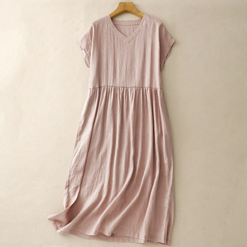 Tactile Cotton Linen High-Waist Mindful Movement V-Neck Midi Dress
