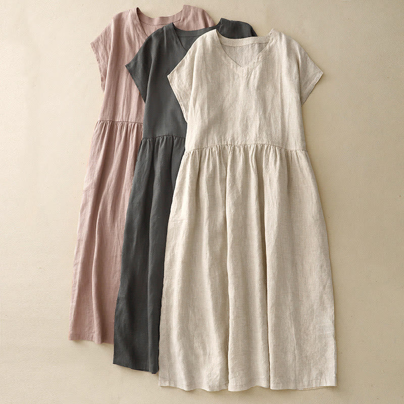 Tactile Cotton Linen High-Waist Mindful Movement V-Neck Midi Dress