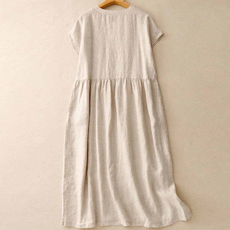 Tactile Cotton Linen High-Waist Mindful Movement V-Neck Midi Dress