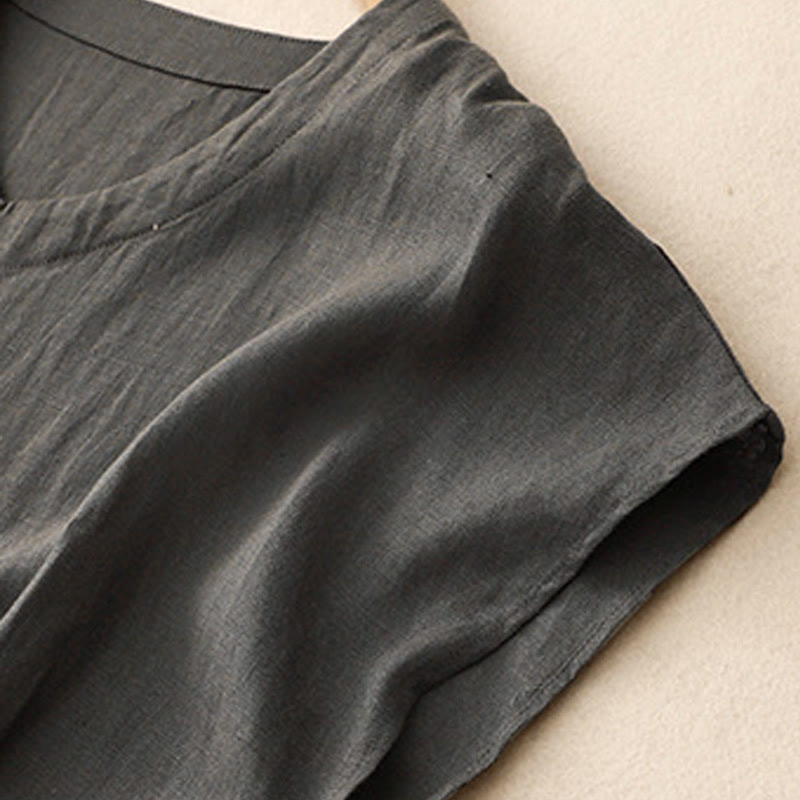 Tactile Cotton Linen High-Waist Mindful Movement V-Neck Midi Dress