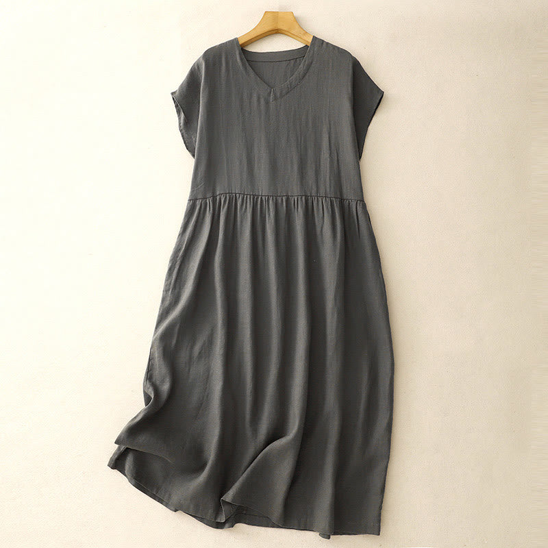 Tactile Cotton Linen High-Waist Mindful Movement V-Neck Midi Dress