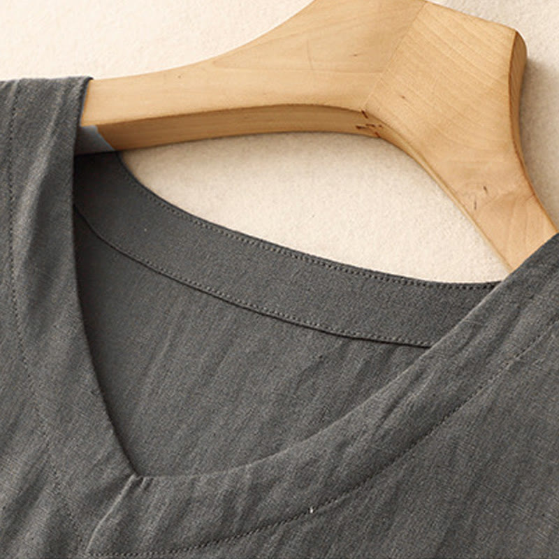 Tactile Cotton Linen High-Waist Mindful Movement V-Neck Midi Dress