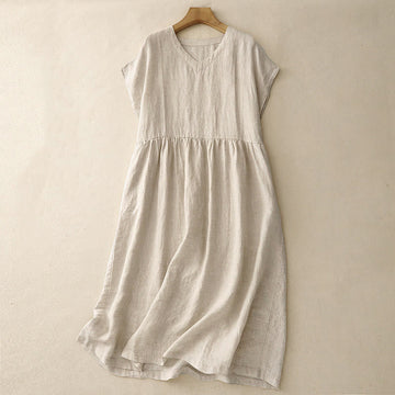Tactile Cotton Linen High-Waist Mindful Movement V-Neck Midi Dress