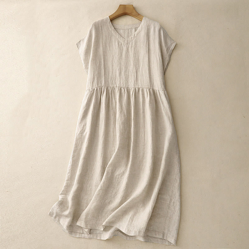 Tactile Cotton Linen High-Waist Mindful Movement V-Neck Midi Dress