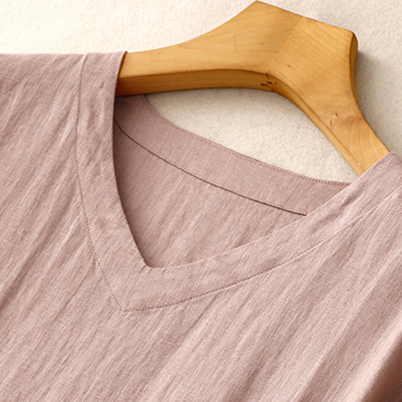 Tactile Cotton Linen High-Waist Mindful Movement V-Neck Midi Dress
