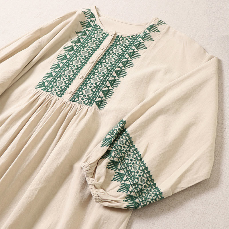 Casual Artistic Geometric Embroidery Button Front Long Lantern Sleeve Cotton Linen Midi Dress